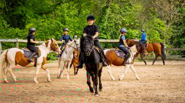 a group of people riding horses in a field