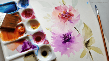 watercolour flower loose painting with mixing tray