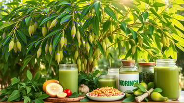 green smoothies and jar of moringa supplement under a moringa tree