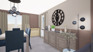 Projet de transformation d'un living avec une horloge et des murs beiges et bruns