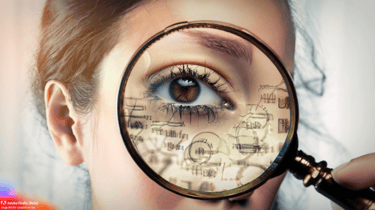 Midjourney created image: a woman looking through a magnifying magnifying lens at a computer screen