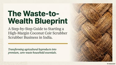 Guide to starting a coconut coir scrubber business in India showing woven natural fiber texture.
