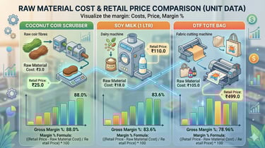 Infographic comparing raw material costs and profit margins for coconut coir scrubbers, soy milk, and DTF tote bags.