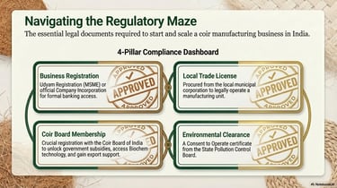 Compliance dashboard showing legal documents for starting a coir manufacturing business in India.