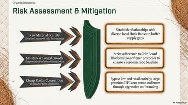 Risk assessment and mitigation flowchart for organic industrial coir production and eco-branding.