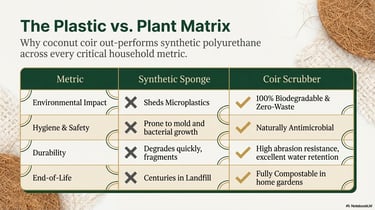 Comparison chart showing benefits of biodegradable coconut coir scrubbers over synthetic polyurethane sponges.