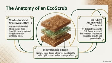 Diagram of an EcoScrub showing coconut coir fiber layers, antimicrobial treatment, and biodegradable binders.