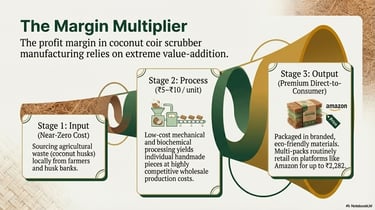 Infographic showing the three stages of coconut coir scrubber manufacturing and profit margins.