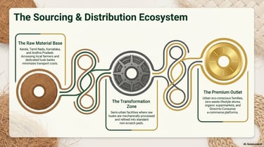 Diagram showing the sourcing and distribution ecosystem of eco-friendly non-scratch pads.