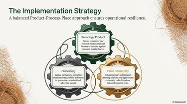 Diagram of an implementation strategy showing sourcing, processing, and assembly using interlocking gear icons.