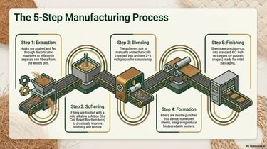 Diagram showing the 5-step manufacturing process of coir fibers from extraction to finishing.