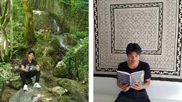 Roger Bardales posing by a forest waterfall and reading an Ayahuasca book against a Shipibo textile