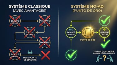 Comparatif score padel à 40-40 : système classique avec avantages vs Punto de Oro.
