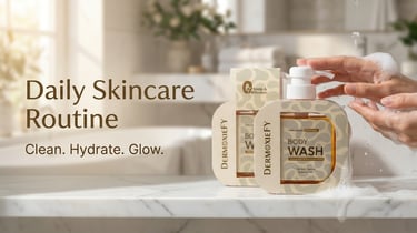 Dermoxify hydrating body wash dispenser on a marble counter for a daily skincare routine.