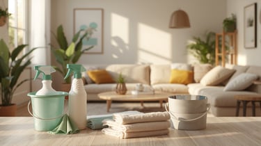 Professional eco-friendly cleaning supplies including spray bottles and towels on a table in a bright living room.