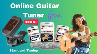 A girl playing acoustic guitar and mobile phones showing a free online guitar tuner app.