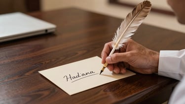A guest hand-writing a suggestion on a pearl beige card in a Middle Eastern / Saudi Arabian hotel study area, with dark brown wooden desk and traditional quill.