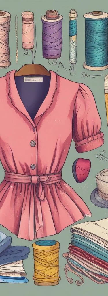 An image of a sewn pink top with fabric, spools of thread in different colors, and notions.