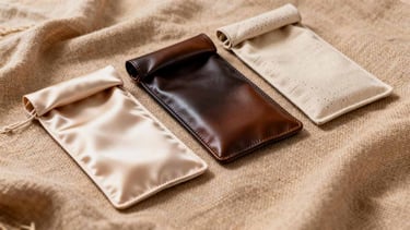 Three "Sanctuary" pouches in different materials: silk, leather, and canvas.