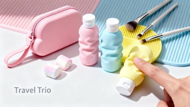The "Pillow Soft" GWP series, featuring a pink silicone pouch, travel bottles, and a yellow mat.