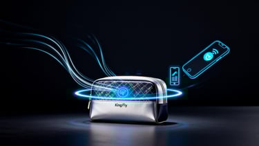 A King Fly cosmetic pouch with a glowing NFC halo, with data streams connecting to a phone icon.
