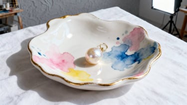 A shell-shaped trinket dish with a watercolor pattern and gold rim, holding a pearl.