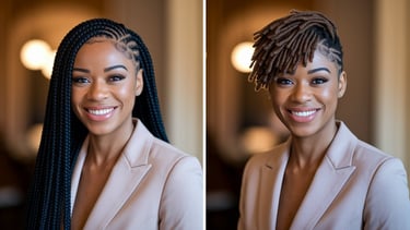 A high-quality, professionally shot set of two side-by-side images showcasing a Black woman’s hair transformation. The left i