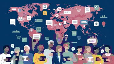 a group of people standing around a world map