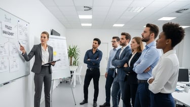 Tutor aziendale che spiega a degli impiegati in piedi davanti a lei,il flusso aziendale