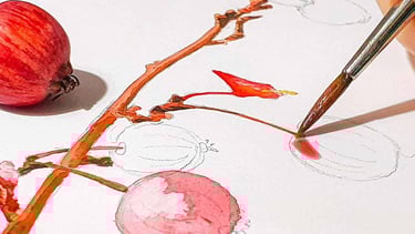 botanische schildering met rode besjes