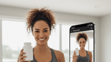 a woman holding a bottle of water and a bottle of water