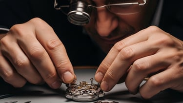 un orologiaio intento a montare ingranaggi su un orologio