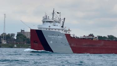 Close-up of the port side of the forward pilothouse of classic freighter Philip R. Clarke.