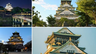 Castelo de Osaka em destaque, com vistas deslumbrantes durante o dia e à noite