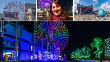 Harbour Village no porto de Osaka com a roda-gigante Kyocan visível de dia e à noite