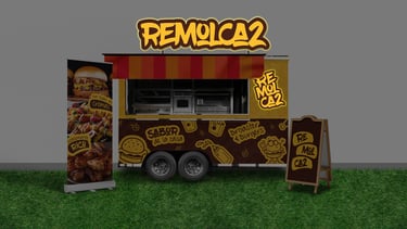 Vista frontal de noche de carro de comida rápida de Remolca2 Foodtruck