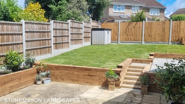 Sleeper Retaining Walls, Planters & Steps With Grey Sandstone Patio & Lawn