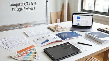 A professional workspace featuring digital and physical tools, manuals, and templates for building d