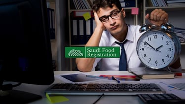 Frustrated man waiting on SFDA approval holding clock, symbolizing food product registration delays in Saudi Arabia.