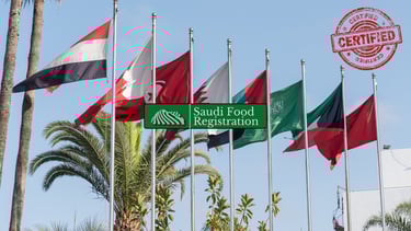 Flags of GCC countries with a “Certified” stamp and Saudi Food Registration logo, Gulf certificates under SFDA review.