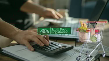 Saudi Food Registration Logo with background of calculator and shopping cart with food products