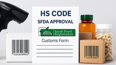SFDA customs form with HS Code approval beside supplement bottles, boxes, and barcode scanner on a clean background.