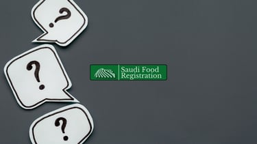 Saudi Food Registration logo with question icons representing SFDA registration FAQs in Saudi Arabia.