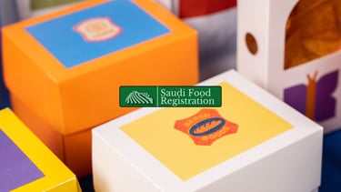 Saudi Food Registration Logo with Packaged goods as background for SASO Certification