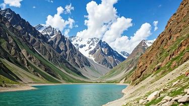 a mountain scene with a lake and mountains in the background