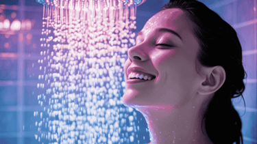 a woman is smiling while she is standing in shower