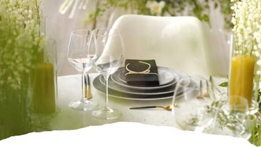 Elegant wedding table setup with modern styling, glassware, and floral details in Bodrum
