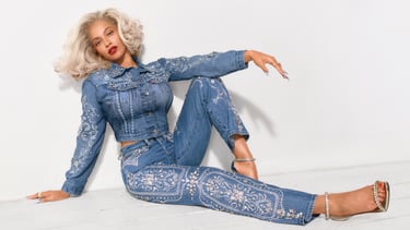 Beyoncé wearing embellished denim from Beyoncé x Levi’s collaboration.