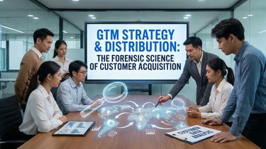 A group of business professionals in a conference room discuss "GTM Strategy & Distribution: The For