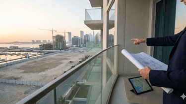 Real estate developer holding blueprints and pointing at a luxury high-rise construction site in Dubai.